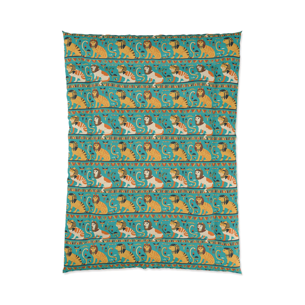 Comforter - Horizontal Stripes of Golden Egyptian Cats and Intricate Hieroglyphs Form a Repeating and Historically Themed Border Pattern