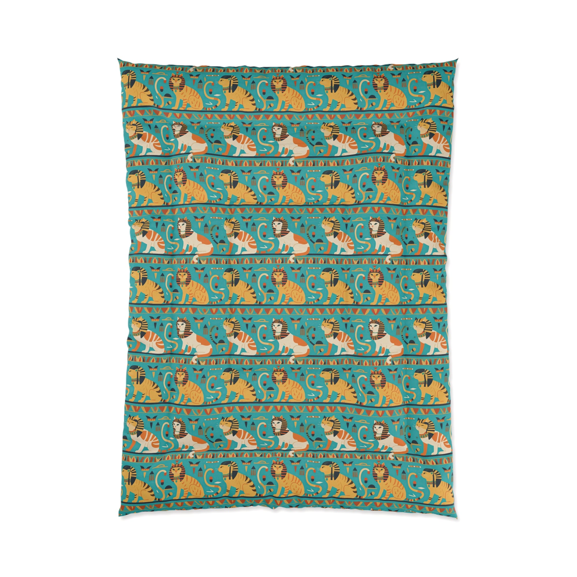 Comforter - Horizontal Stripes of Golden Egyptian Cats and Intricate Hieroglyphs Form a Repeating and Historically Themed Border Pattern