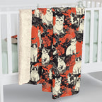 Sherpa Blanket - A striking black-and-white illustration with red accents of charming cats perched on the branches of trees in a beautiful Japanese woodblock print style.