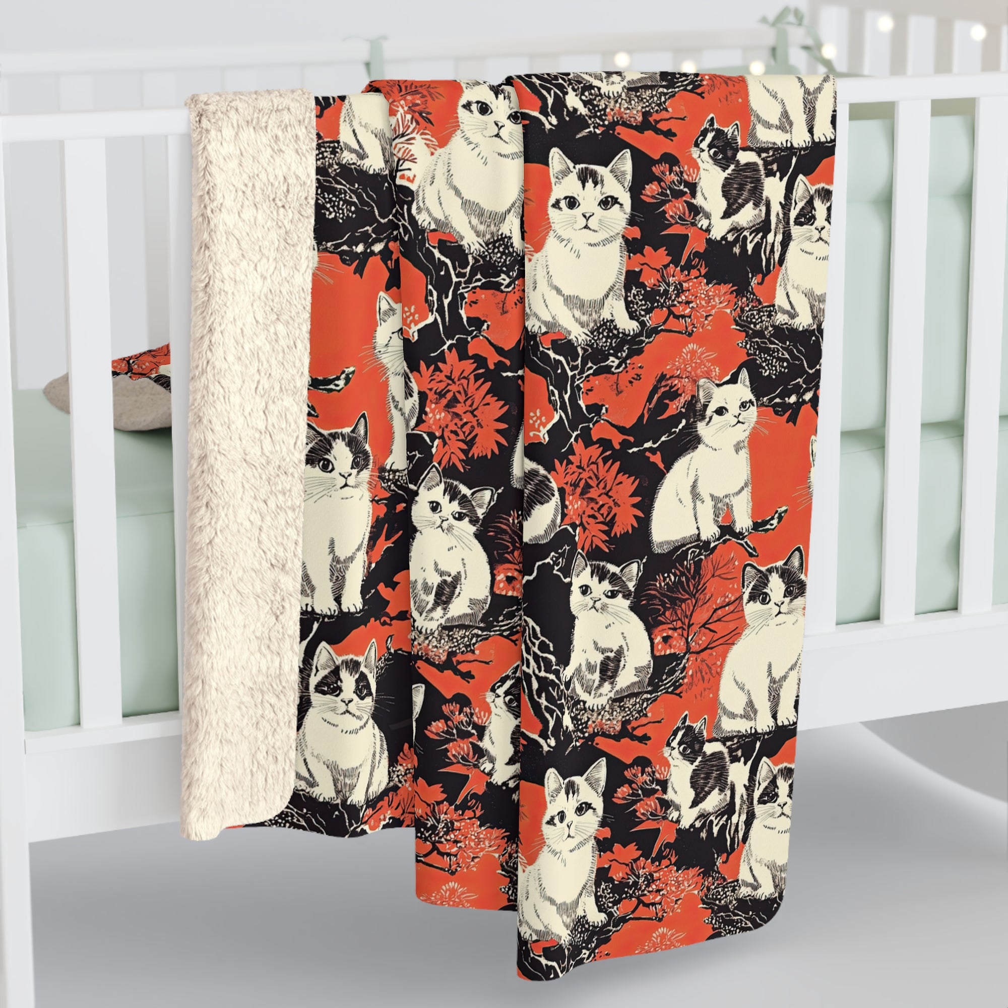 Sherpa Blanket - A striking black-and-white illustration with red accents of charming cats perched on the branches of trees in a beautiful Japanese woodblock print style.