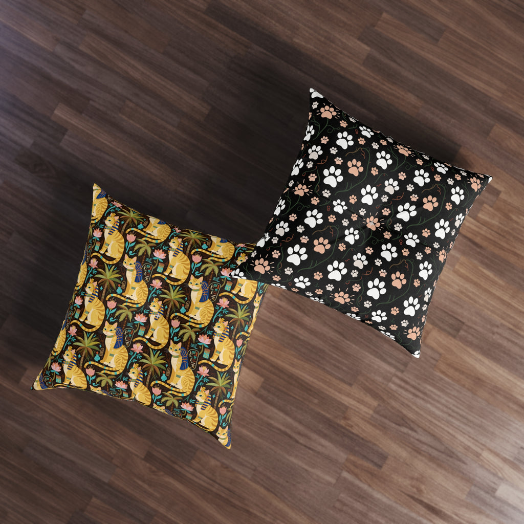 Indoor Square Floor Pillow - Golden Egyptian Cats with Pharaonic Headpieces Amidst Lush Palms and Lotus Flowers in an Exotic and Vibrant Scene