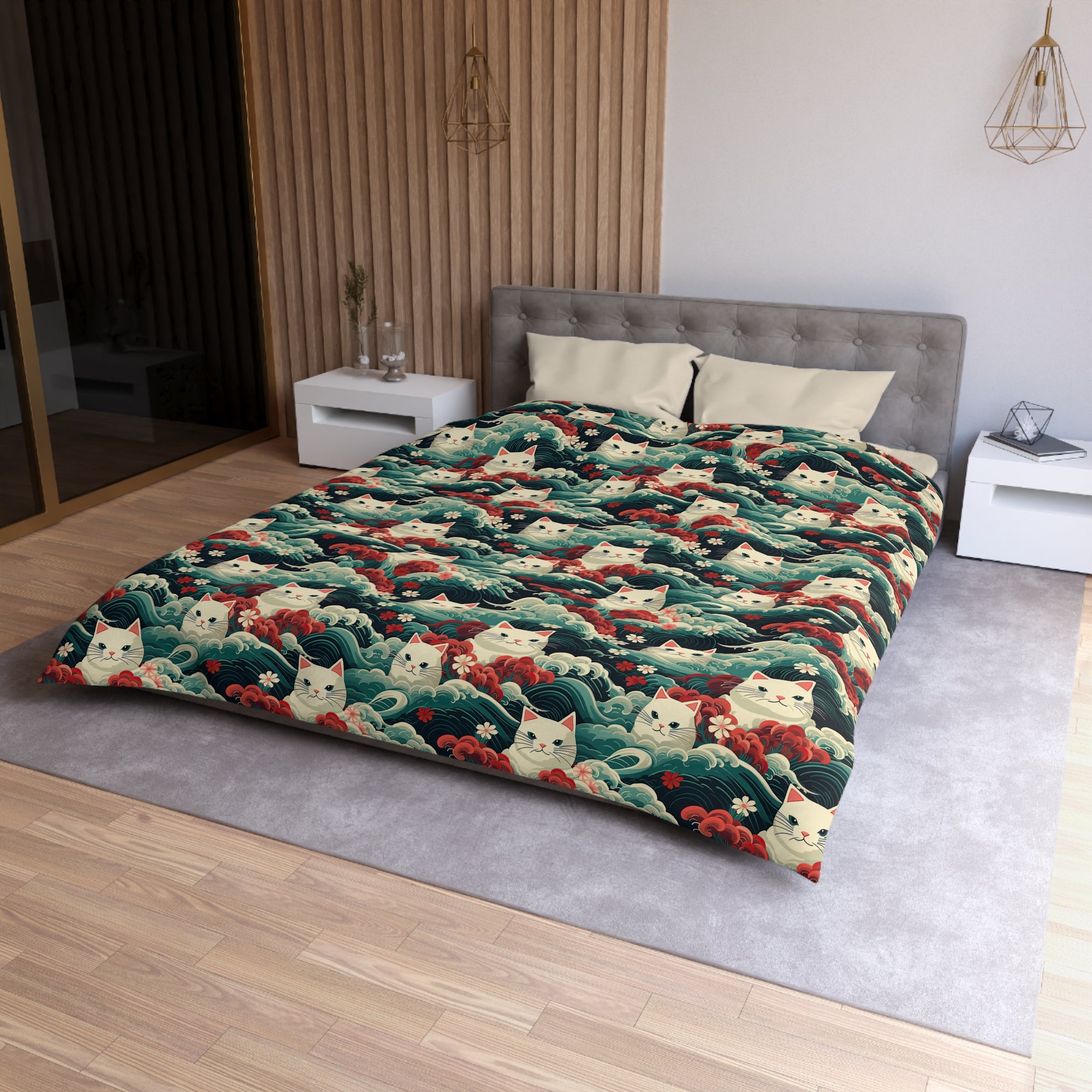 Duvet Cover - A dramatic and powerful Japanese woodblock print-style illustration of cats amidst powerful waves, red flowers, and white cherry blossoms.
