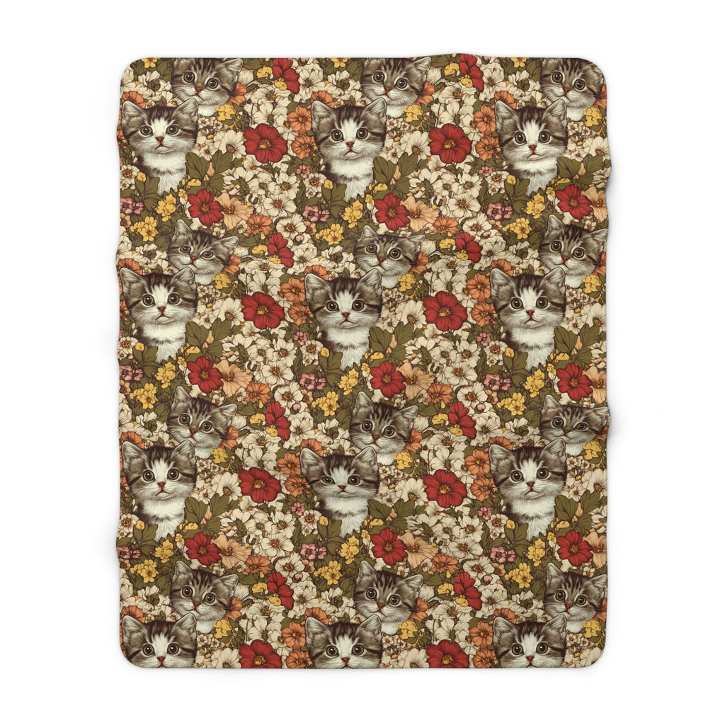 Sherpa Blanket - Grey Tabby Kittens in a Garden of Red, Peach, and Yellow Flowers, Soft Vintage Style