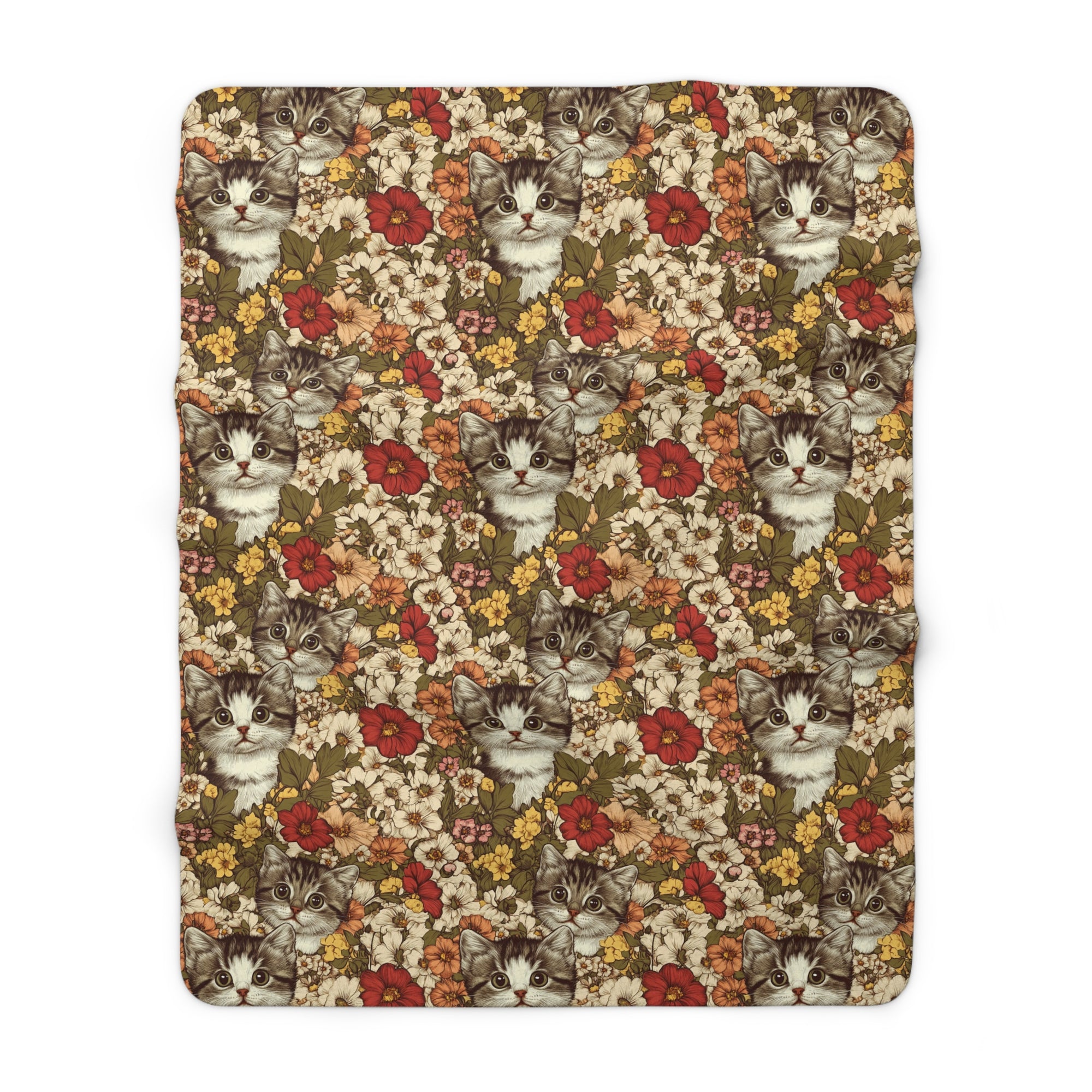 Sherpa Blanket - Grey Tabby Kittens in a Garden of Red, Peach, and Yellow Flowers, Soft Vintage Style