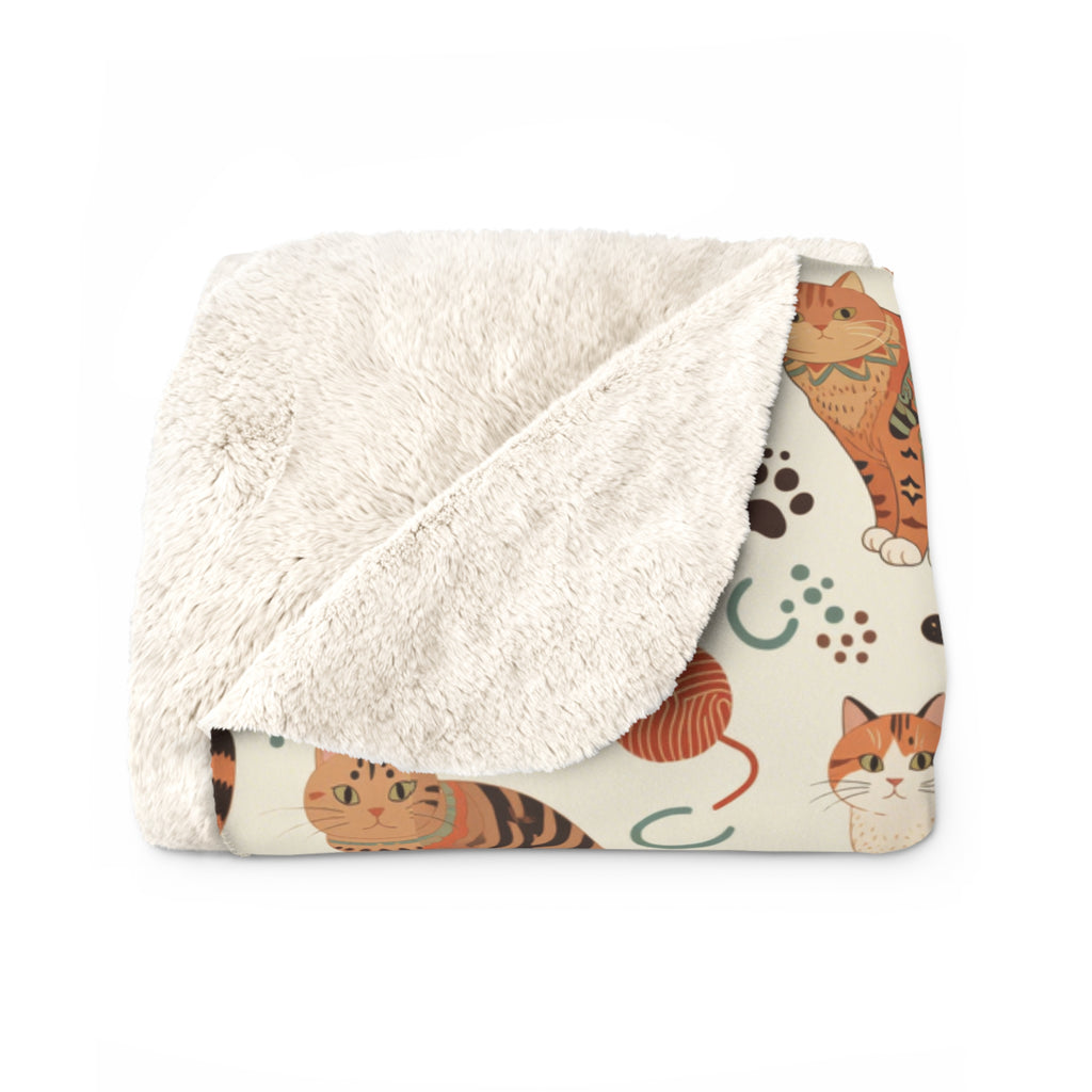 Sherpa Blanket - Artistic patterned cats in warm earth tones, unique tribal and folk art designs, playful felines with yarn and paw prints, bohemian animal print, cream background, creative cat art