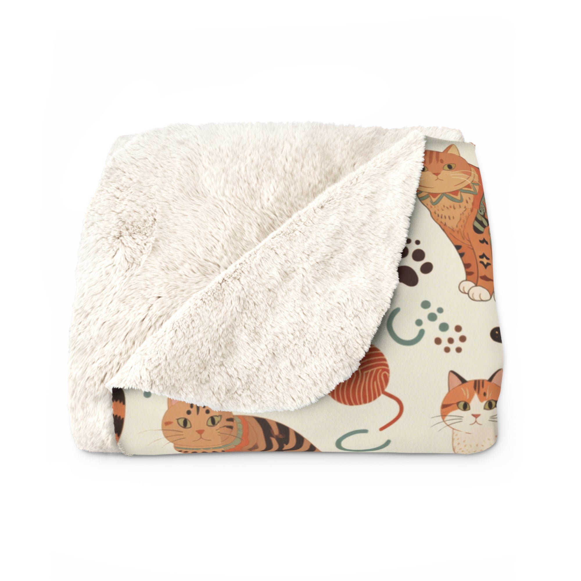Sherpa Blanket - Artistic patterned cats in warm earth tones, unique tribal and folk art designs, playful felines with yarn and paw prints, bohemian animal print, cream background, creative cat art