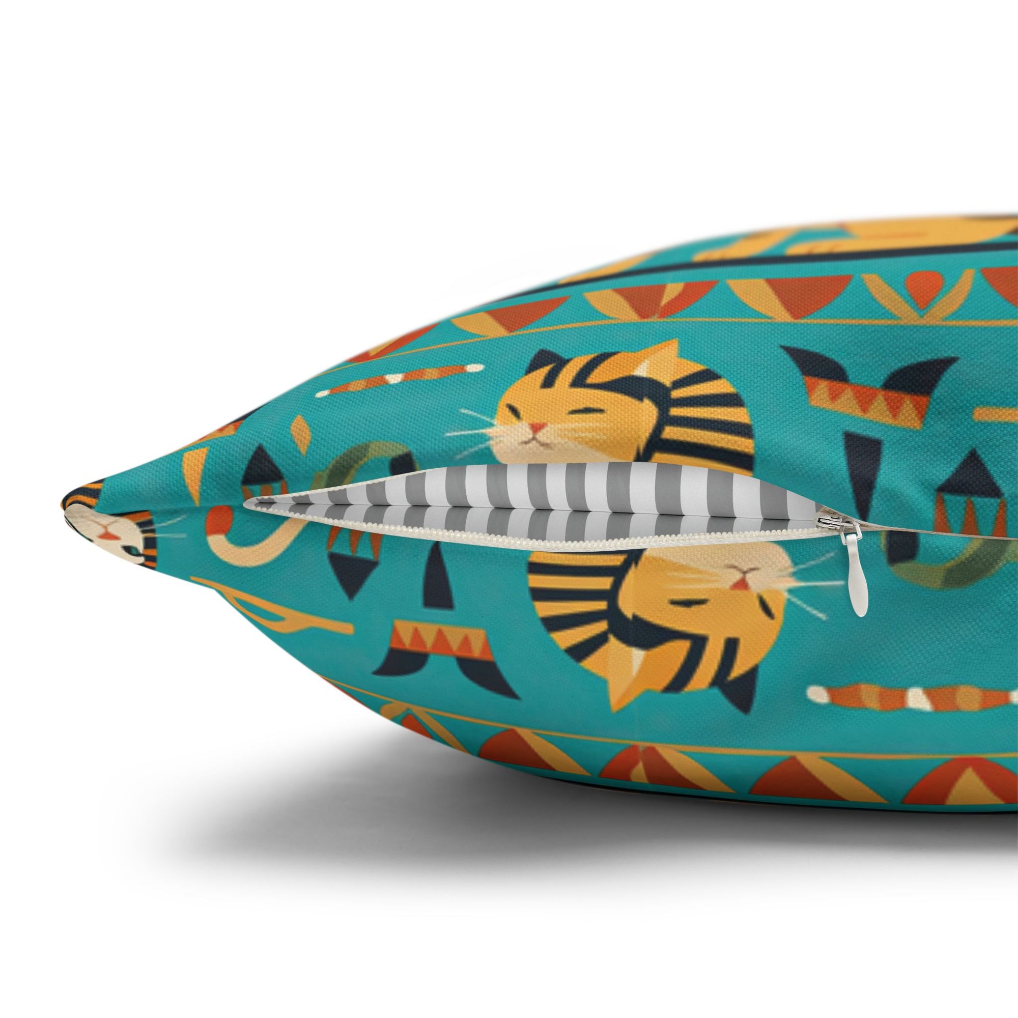 Square Pillowcase - Horizontal Stripes of Golden Egyptian Cats and Intricate Hieroglyphs Form a Repeating and Historically Themed Border Pattern