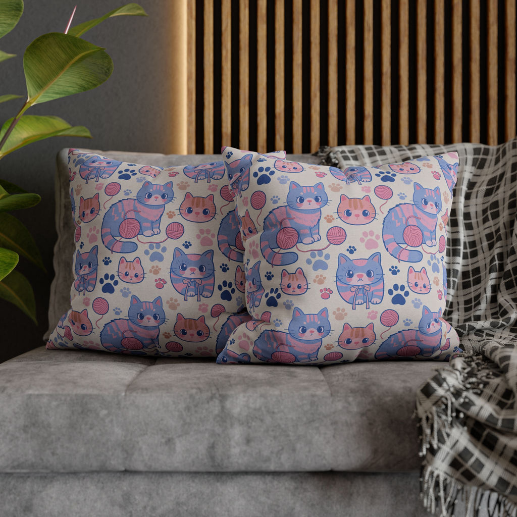 Square Pillowcase - Sweet pastel blue and pink cartoon cats, cute kawaii style kittens with yarn and paw prints, charming and playful animal design, light cream background, delightful pet pattern