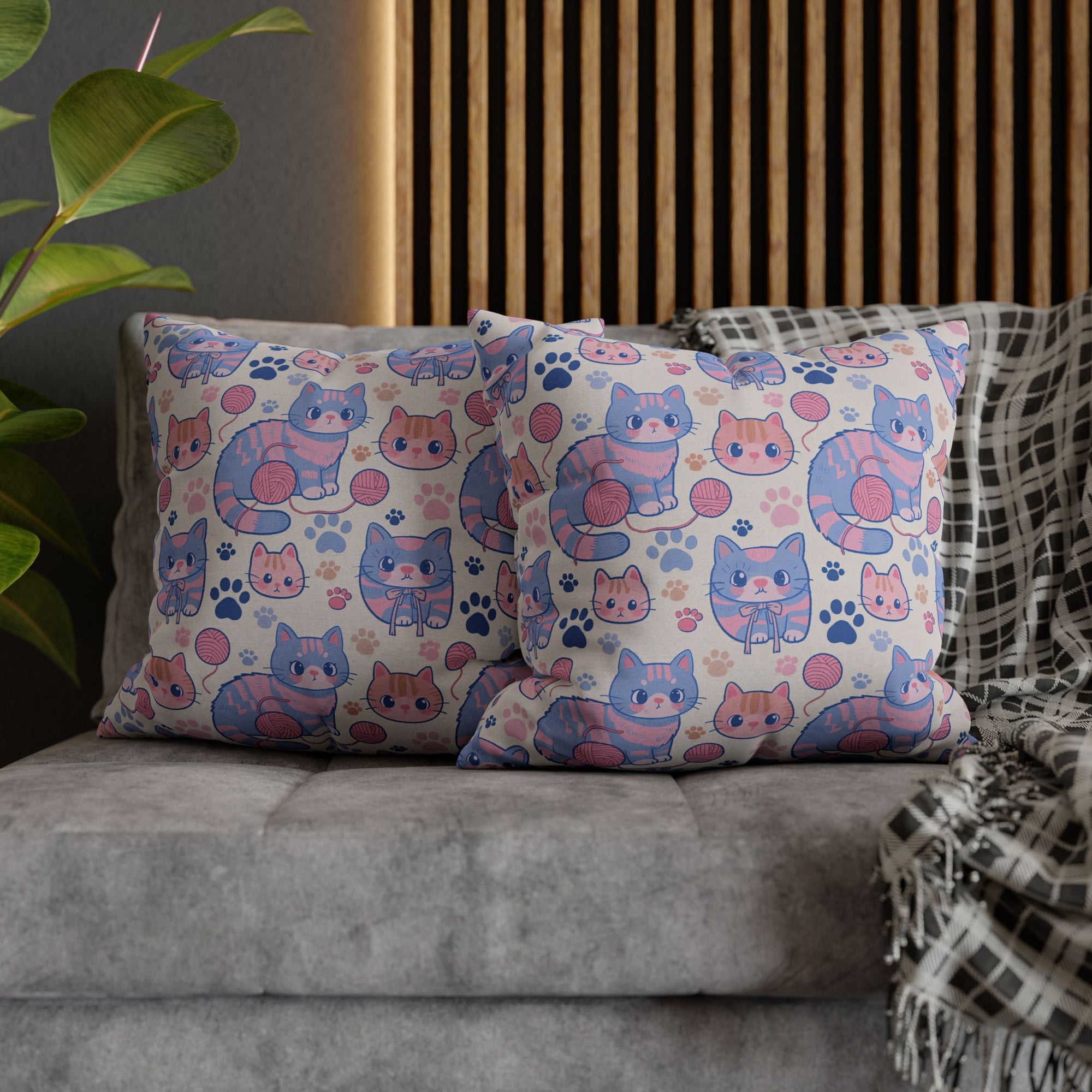 Square Pillowcase - Sweet pastel blue and pink cartoon cats, cute kawaii style kittens with yarn and paw prints, charming and playful animal design, light cream background, delightful pet pattern