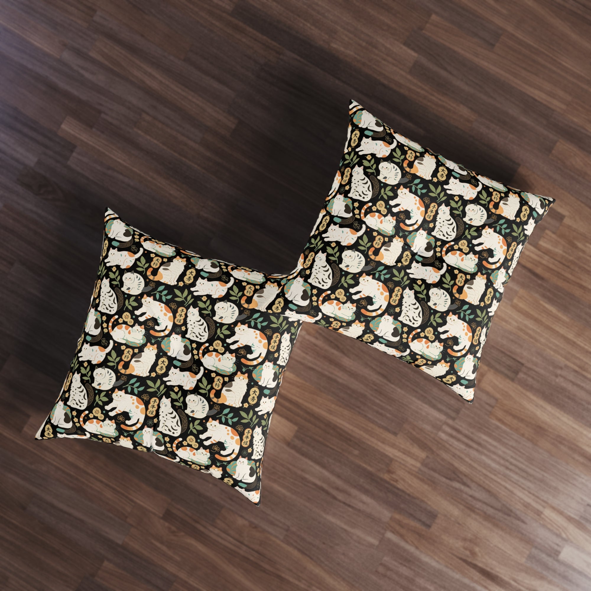 Indoor Square Floor Pillow - Traditional Japanese Maneki-Neko Cats and Auspicious Symbols Grace a Dark Background in this Fortunate Pattern