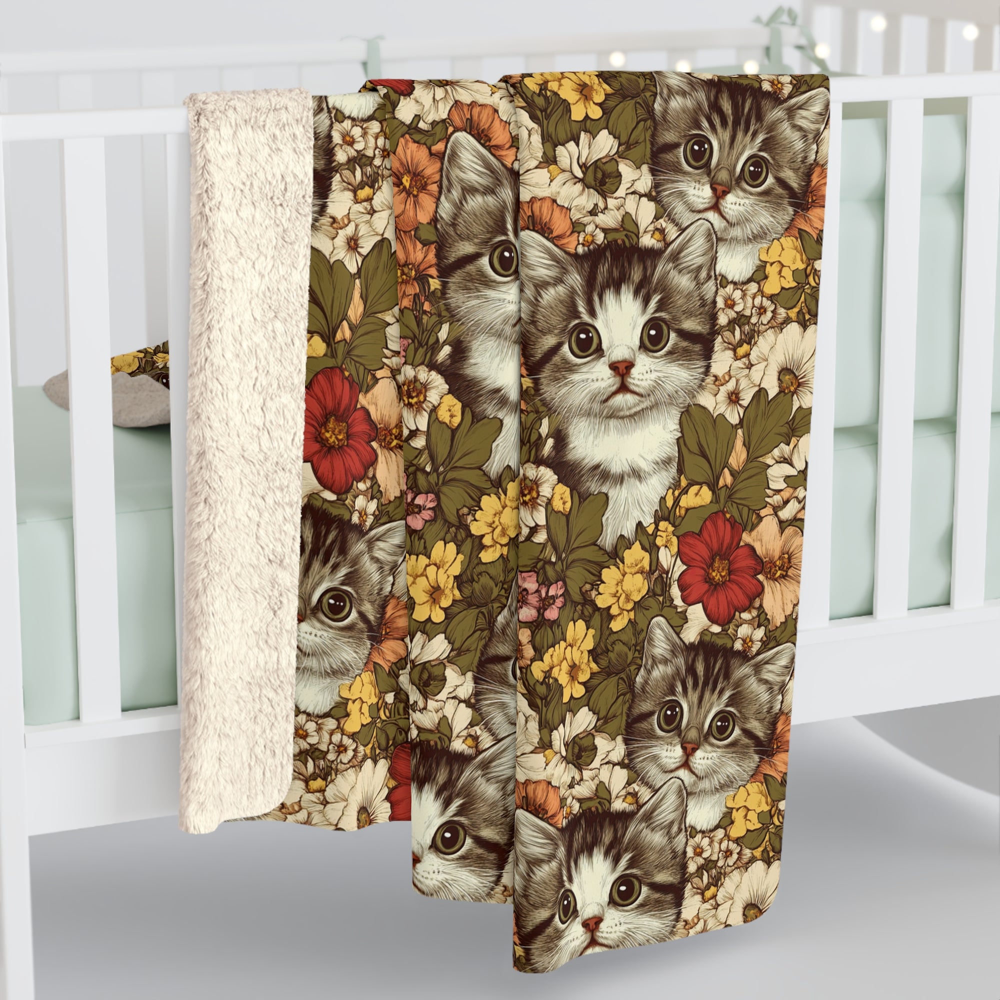 Sherpa Blanket - Grey Tabby Kittens in a Garden of Red, Peach, and Yellow Flowers, Soft Vintage Style