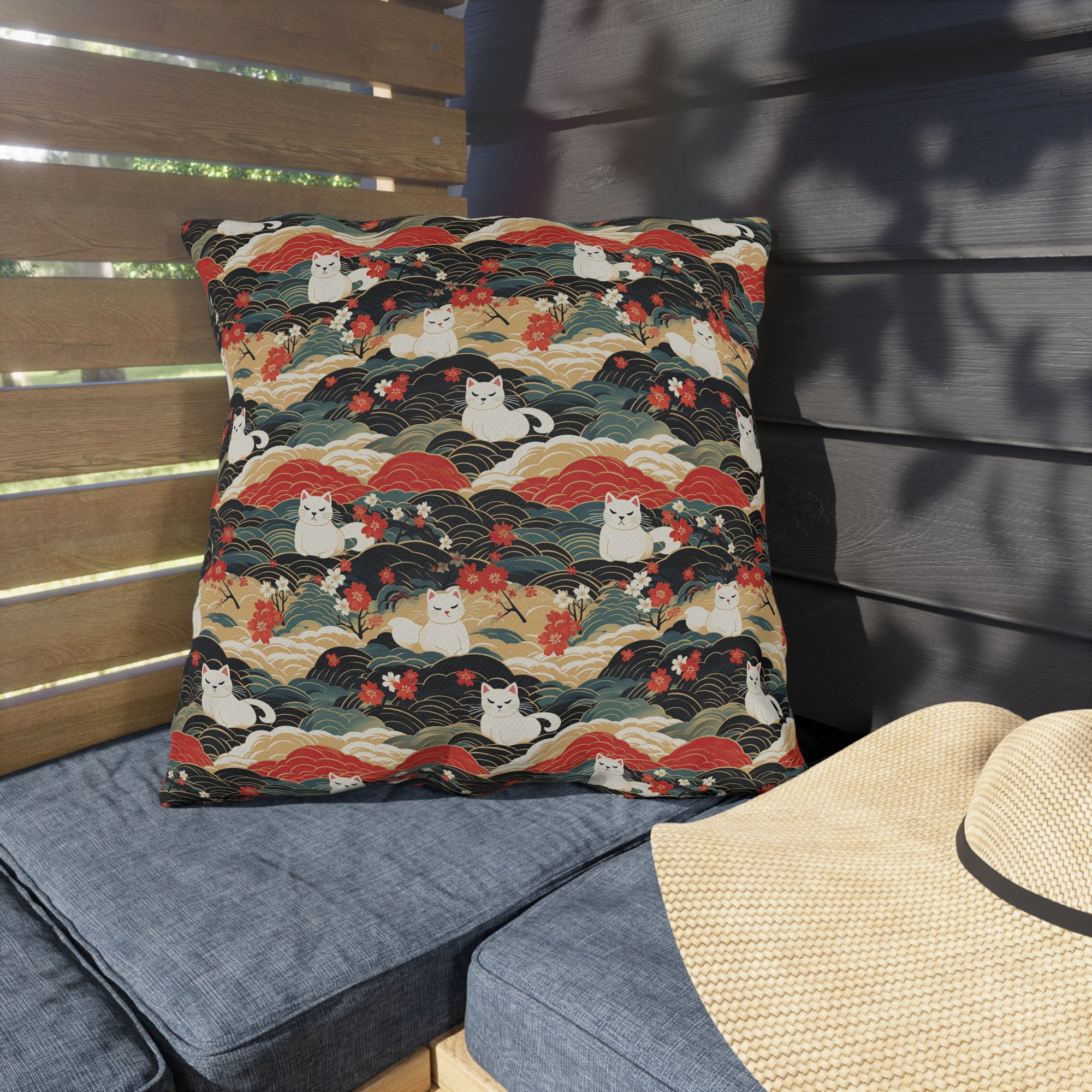 Outdoor Pillow - A beautiful, Japanese-inspired illustration of tranquil white cats resting on rolling clouds with vibrant red and white cherry blossoms.