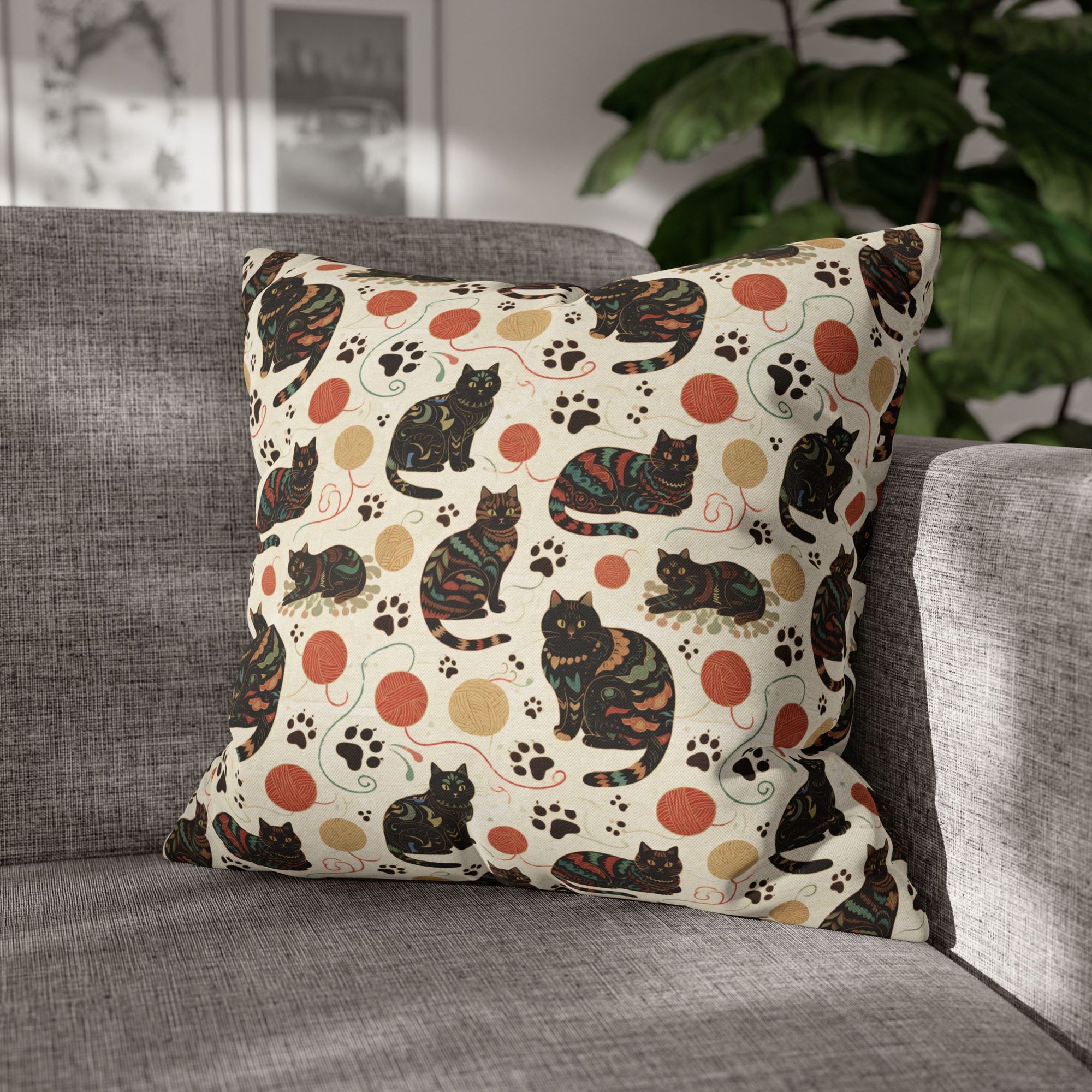 Square Pillowcase - Intricate tribal patterned black cats, colorful folk art style, playful felines with yarn balls and paw prints, artistic and bohemian cat design, cream background, unique animal print