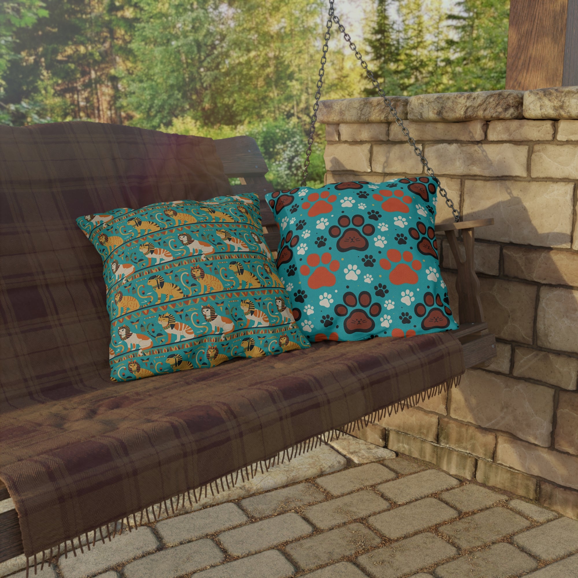 Outdoor Pillow - Horizontal Stripes of Golden Egyptian Cats and Intricate Hieroglyphs Form a Repeating and Historically Themed Border Pattern