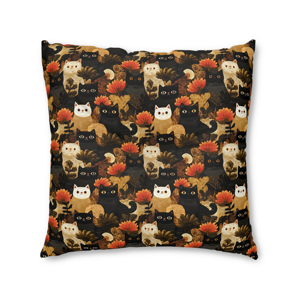 Indoor Square Floor Pillow - A dark and fantastical illustrative painting of many different cats and plants, creating a dense, mysterious, and golden jungle or forest scene.