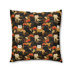 Indoor Square Floor Pillow - A dark and fantastical illustrative painting of many different cats and plants, creating a dense, mysterious, and golden jungle or forest scene.
