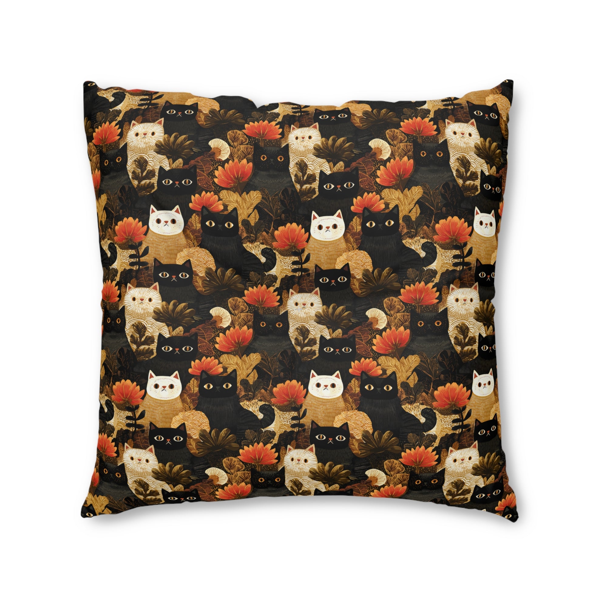 Indoor Square Floor Pillow - A dark and fantastical illustrative painting of many different cats and plants, creating a dense, mysterious, and golden jungle or forest scene.