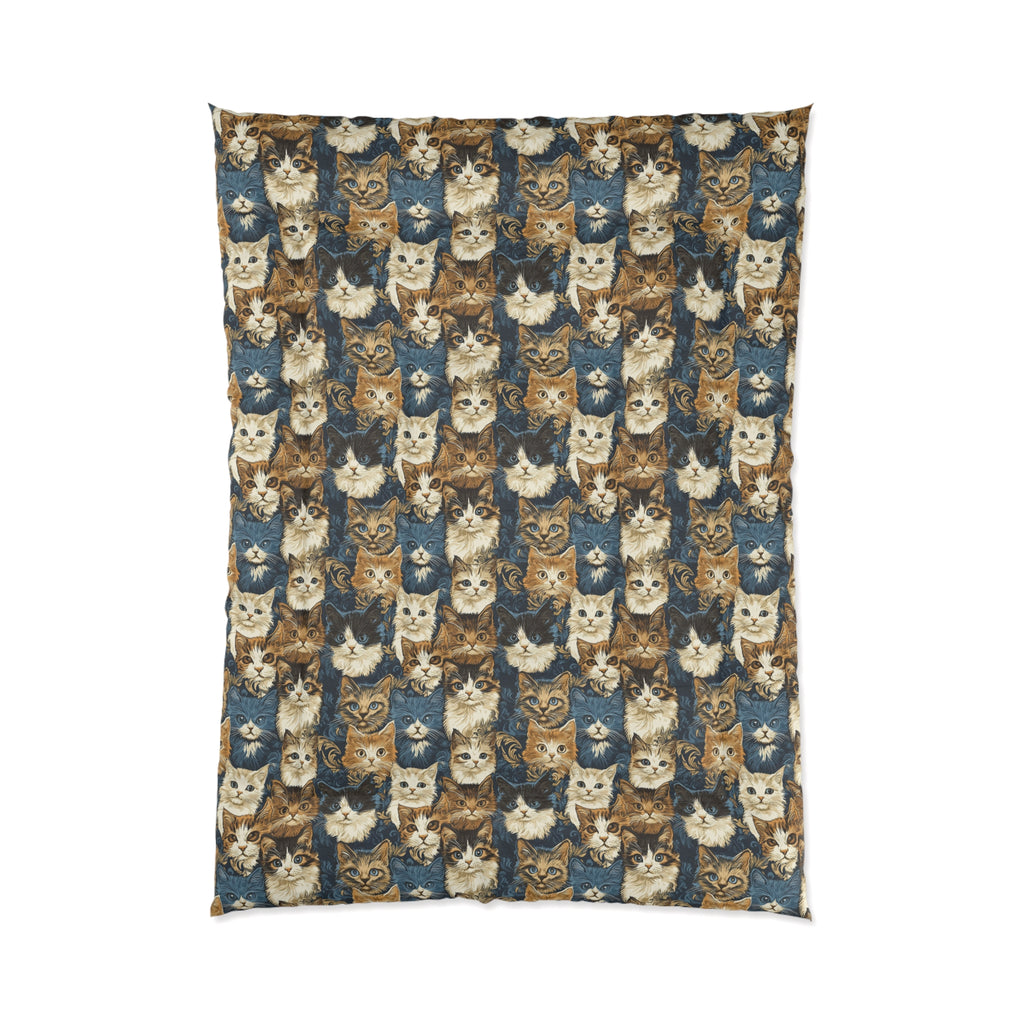 Comforter - Blue Eyed Cats with Brown and White Fur on a Deep Blue Damask Background
