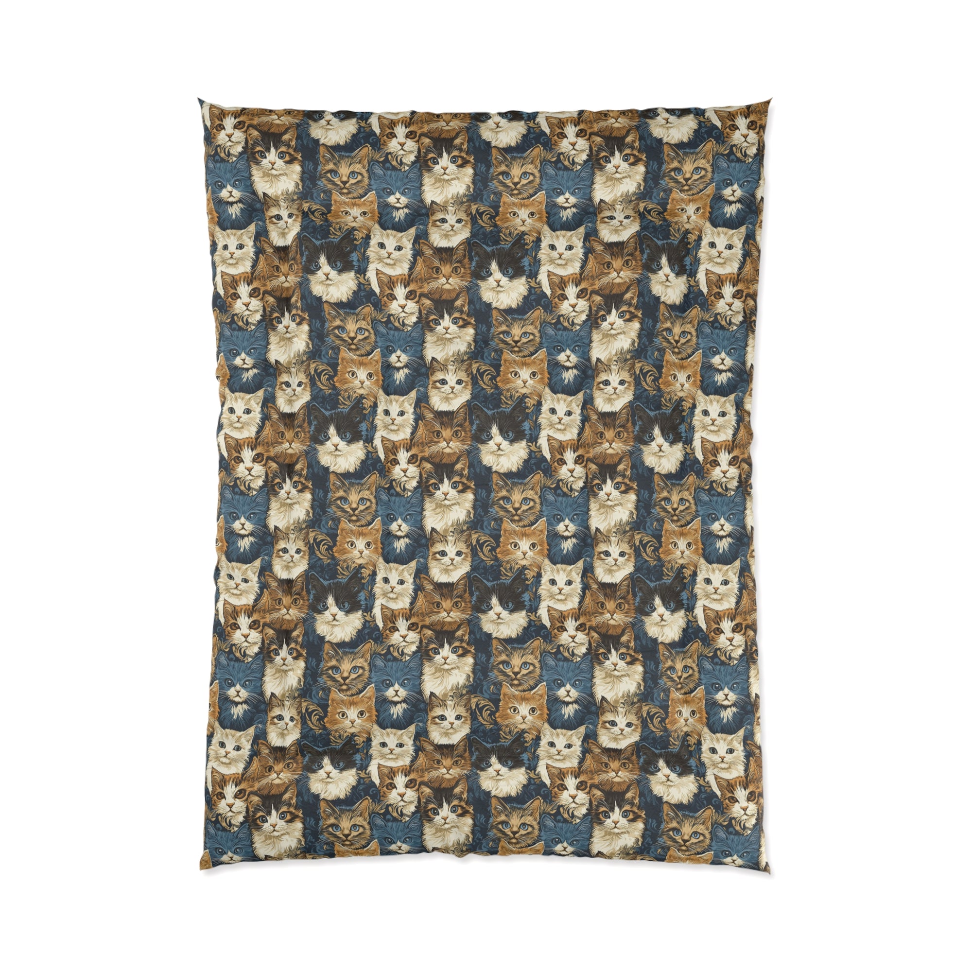 Comforter - Blue Eyed Cats with Brown and White Fur on a Deep Blue Damask Background