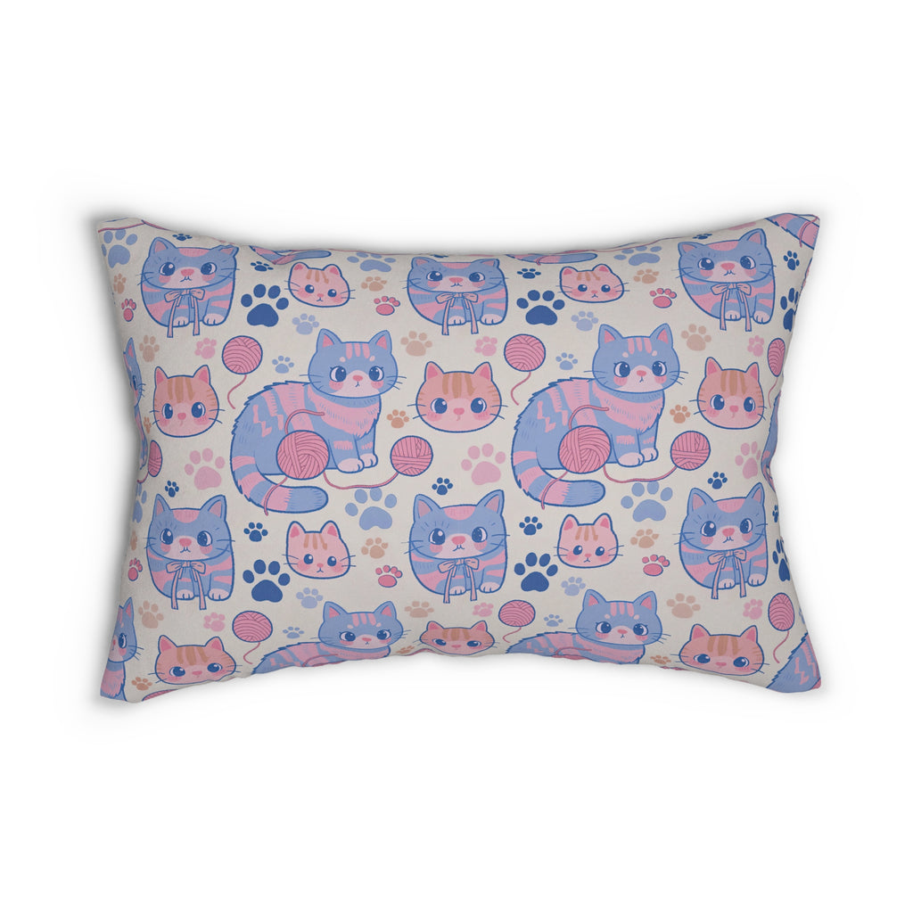 Indoor Lumbar Pillow - Sweet pastel blue and pink cartoon cats, cute kawaii style kittens with yarn and paw prints, charming and playful animal design, light cream background, delightful pet pattern
