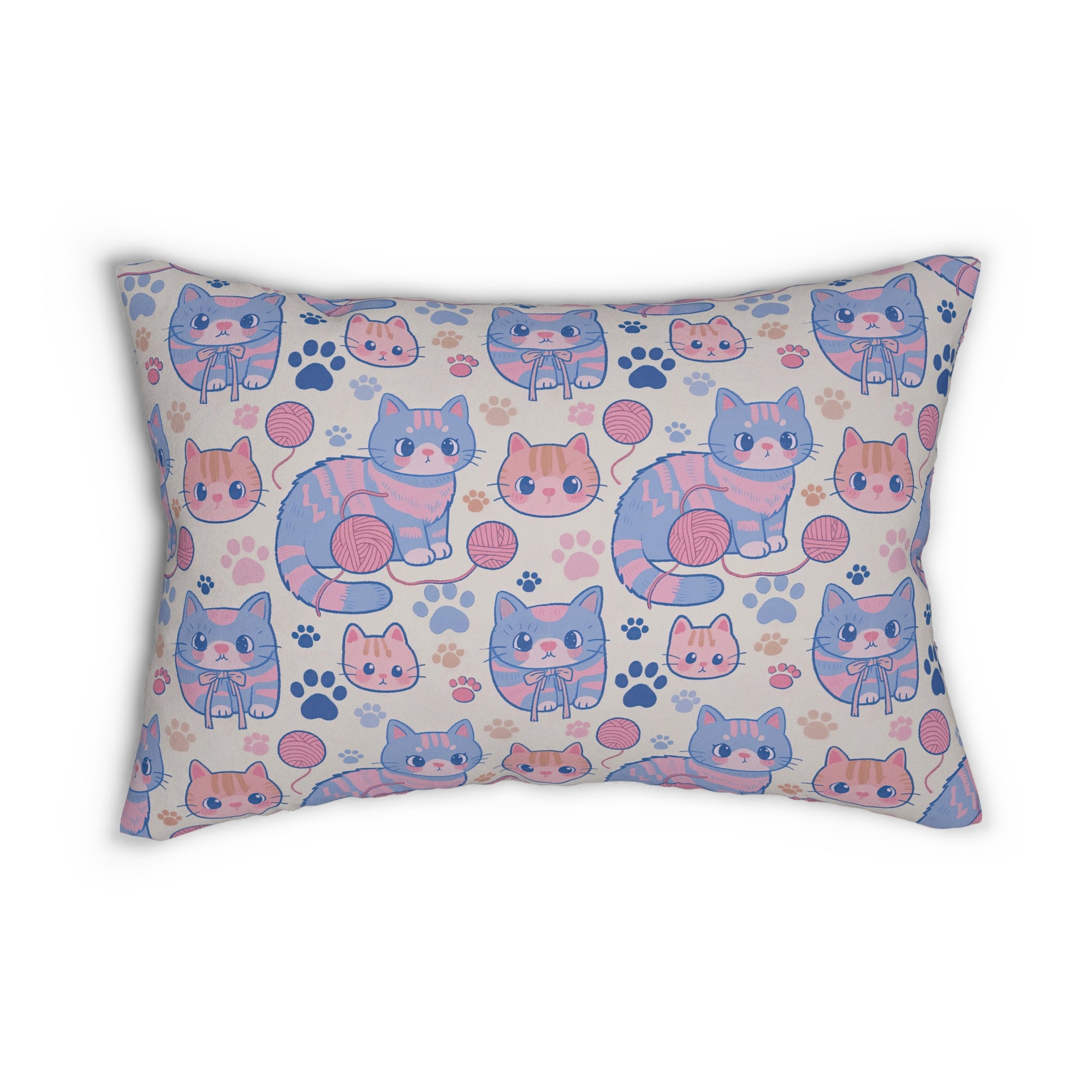 Indoor Lumbar Pillow - Sweet pastel blue and pink cartoon cats, cute kawaii style kittens with yarn and paw prints, charming and playful animal design, light cream background, delightful pet pattern