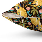 Indoor Square Pillow - Golden Egyptian Cats with Pharaonic Headpieces Amidst Lush Palms and Lotus Flowers in an Exotic and Vibrant Scene