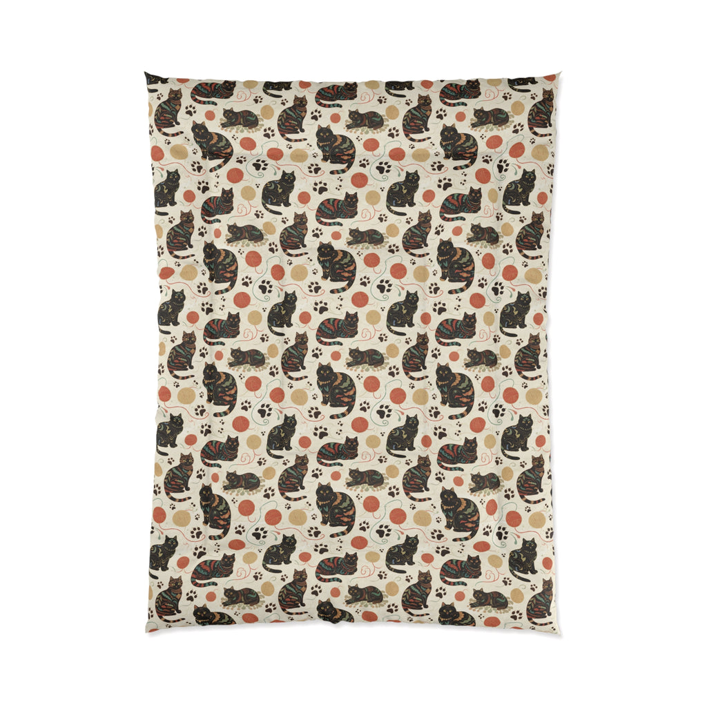 Comforter - Intricate tribal patterned black cats, colorful folk art style, playful felines with yarn balls and paw prints, artistic and bohemian cat design, cream background, unique animal print