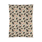 Comforter - Intricate tribal patterned black cats, colorful folk art style, playful felines with yarn balls and paw prints, artistic and bohemian cat design, cream background, unique animal print