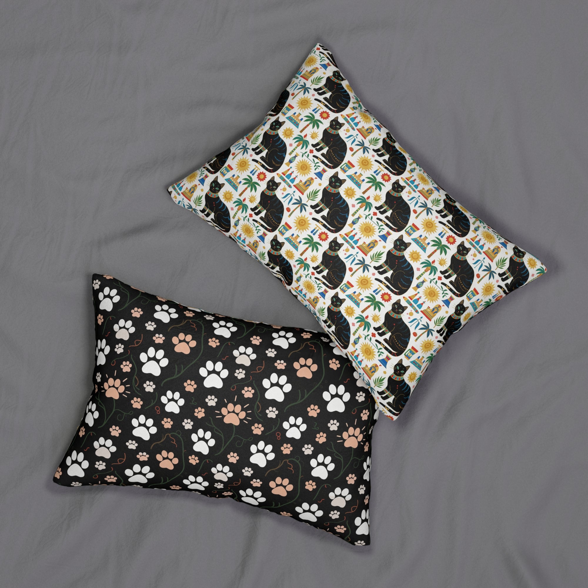 Indoor Lumbar Pillow - Majestic Black Egyptian Cats with Vibrant Adornments and Desert Motifs Create a Striking and Culturally Rich Design
