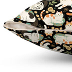Indoor Square Pillow - Traditional Japanese Maneki-Neko Cats and Auspicious Symbols Grace a Dark Background in this Fortunate Pattern