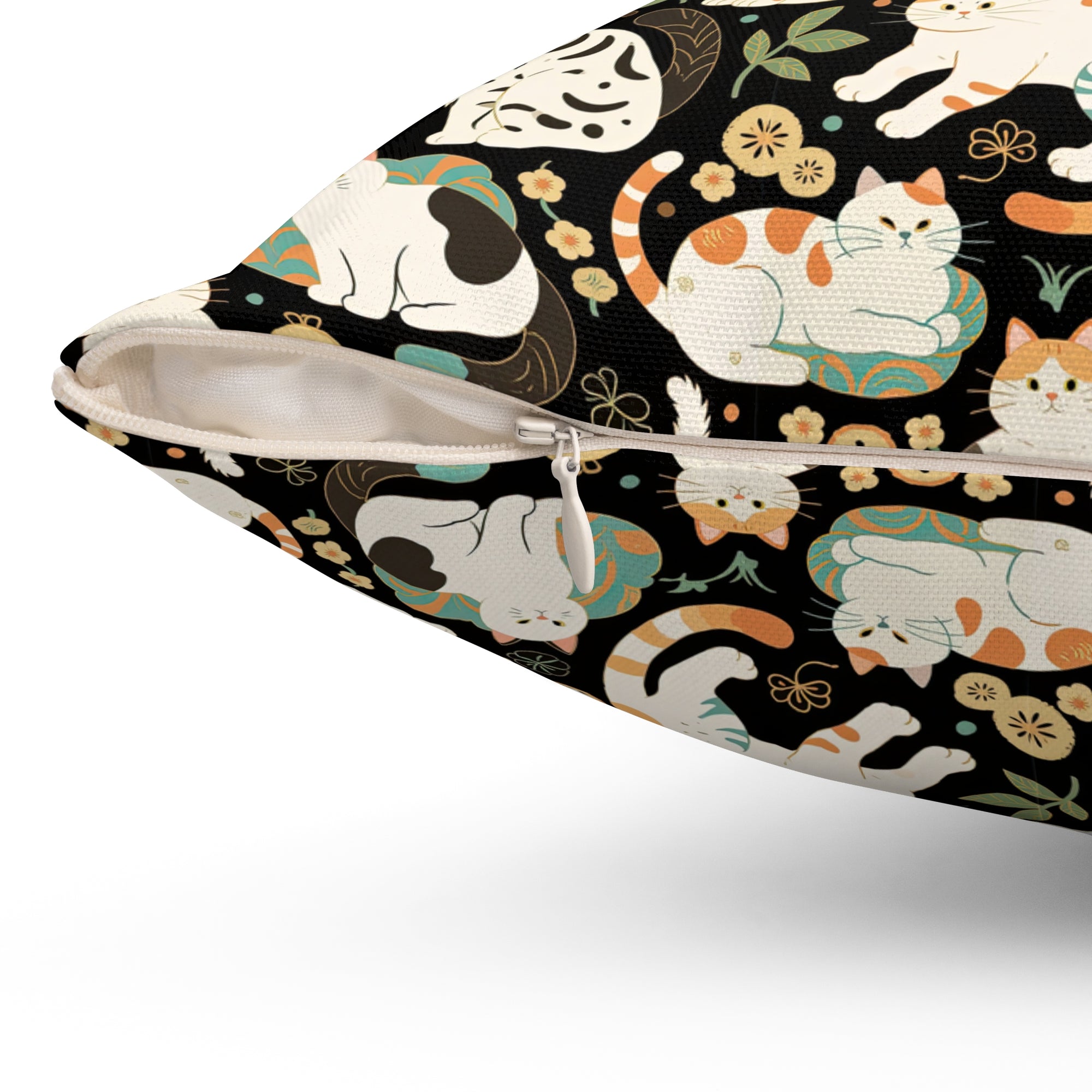 Indoor Square Pillow - Traditional Japanese Maneki-Neko Cats and Auspicious Symbols Grace a Dark Background in this Fortunate Pattern