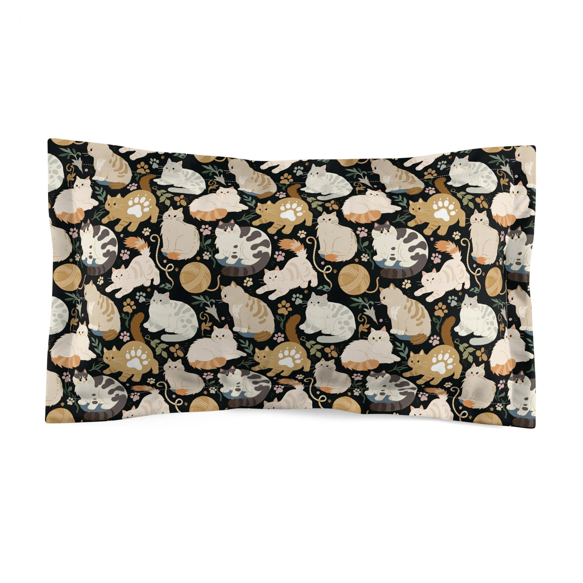 Pillow Sham - Diverse cats and kittens in a dark garden, various breeds and colors, soft natural tones with foliage and paw prints, charming animal illustration, dark background, gentle pet themed art