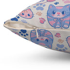 Indoor Square Pillow - Sweet pastel blue and pink cartoon cats, cute kawaii style kittens with yarn and paw prints, charming and playful animal design, light cream background, delightful pet pattern