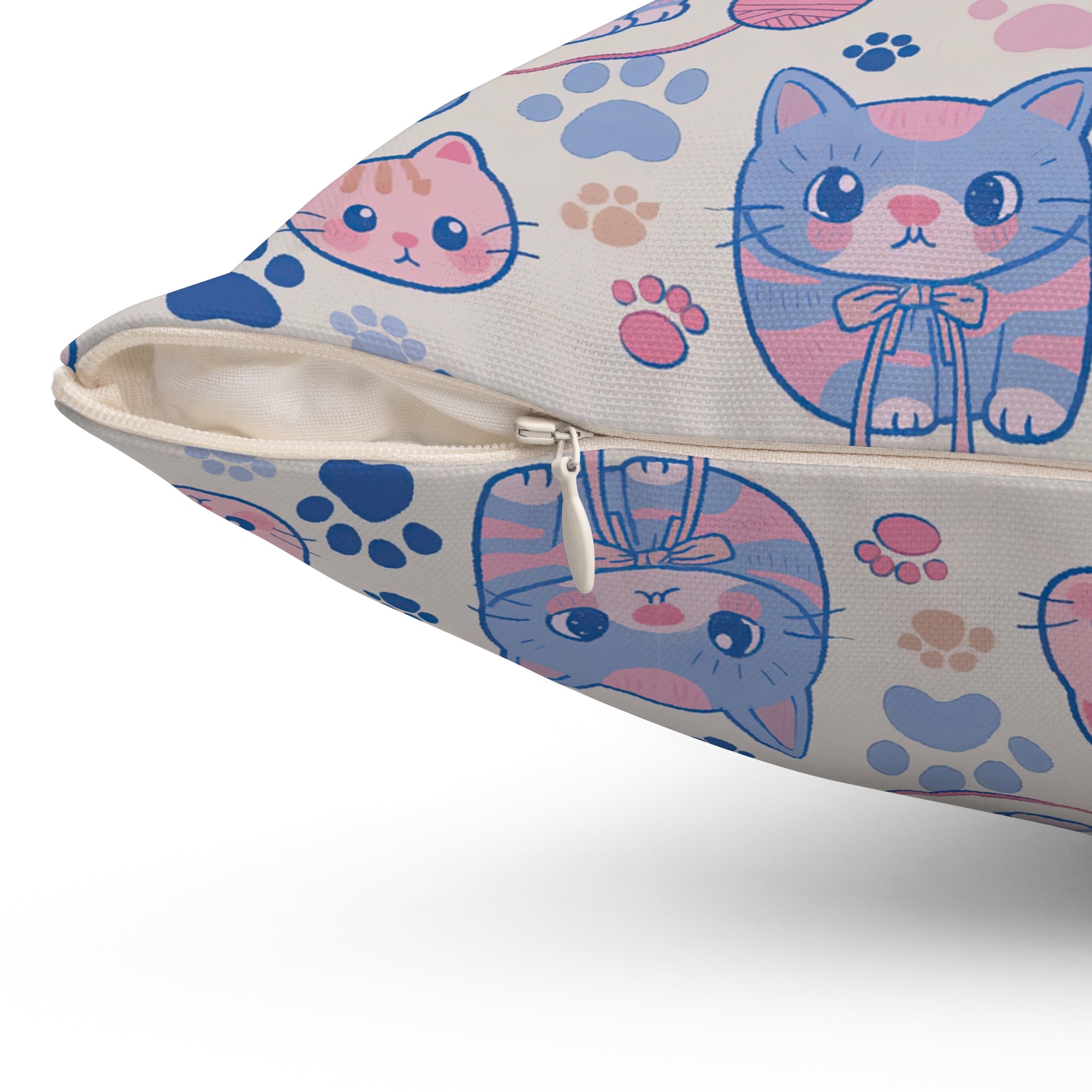 Indoor Square Pillow - Sweet pastel blue and pink cartoon cats, cute kawaii style kittens with yarn and paw prints, charming and playful animal design, light cream background, delightful pet pattern