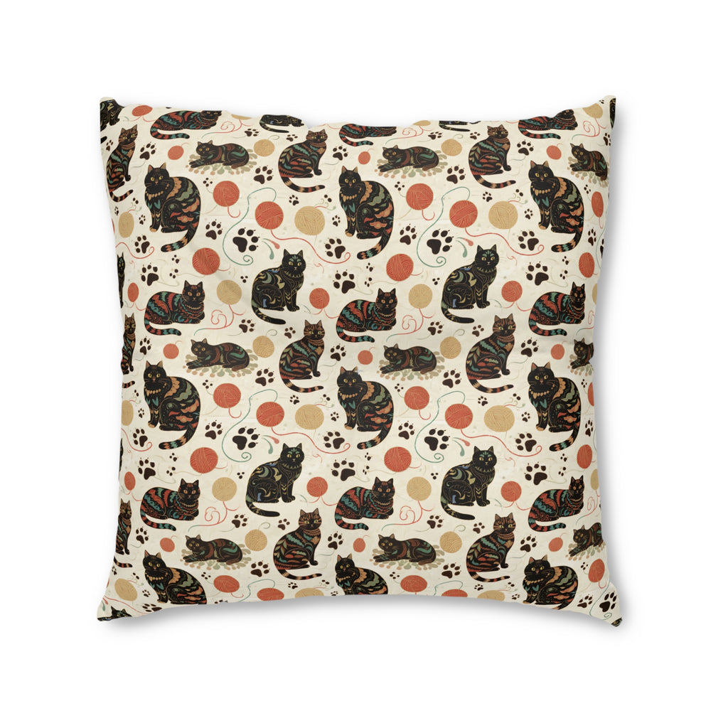 Indoor Square Floor Pillow - Intricate tribal patterned black cats, colorful folk art style, playful felines with yarn balls and paw prints, artistic and bohemian cat design, cream background, unique animal print