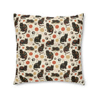 Indoor Square Floor Pillow - Intricate tribal patterned black cats, colorful folk art style, playful felines with yarn balls and paw prints, artistic and bohemian cat design, cream background, unique animal print