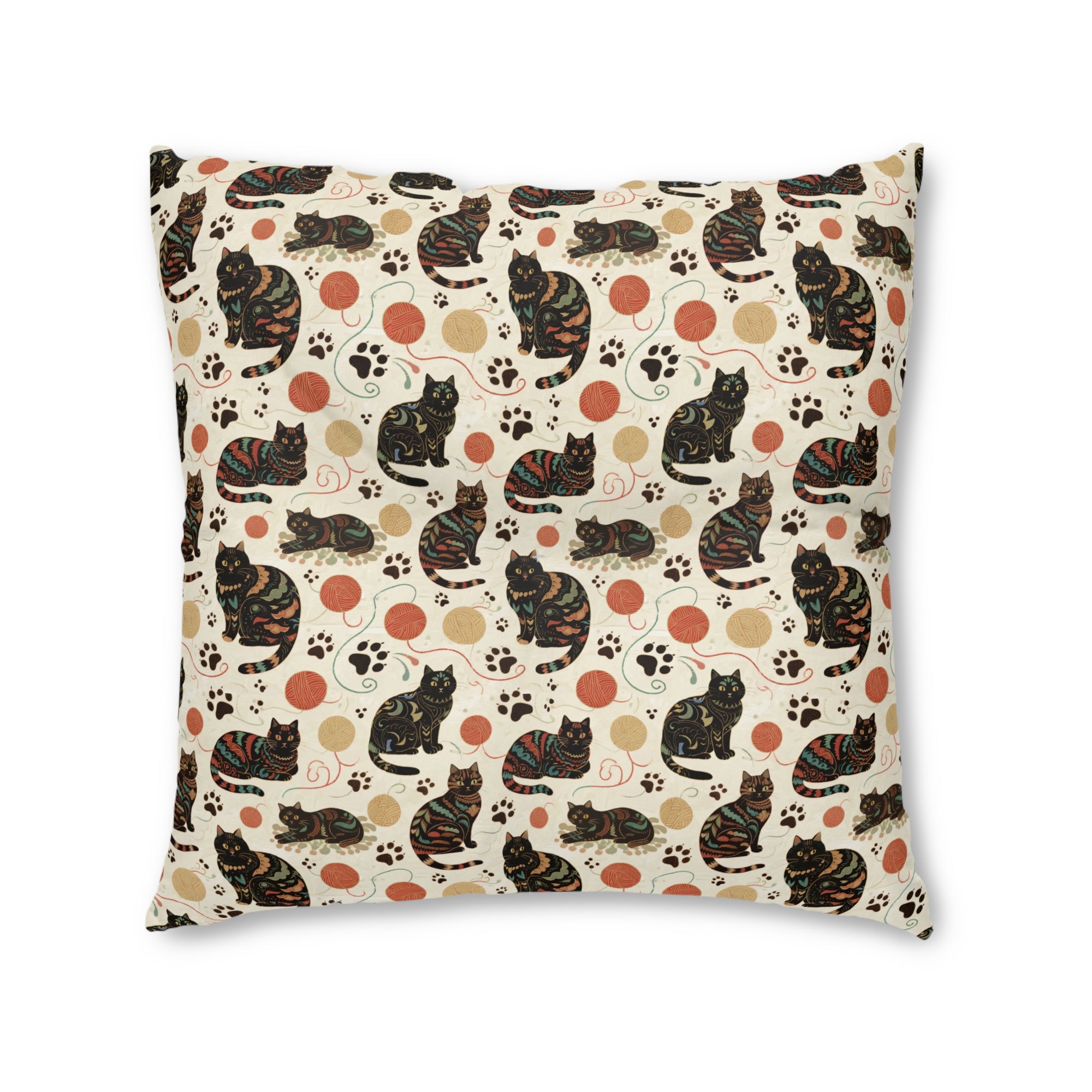 Indoor Square Floor Pillow - Intricate tribal patterned black cats, colorful folk art style, playful felines with yarn balls and paw prints, artistic and bohemian cat design, cream background, unique animal print