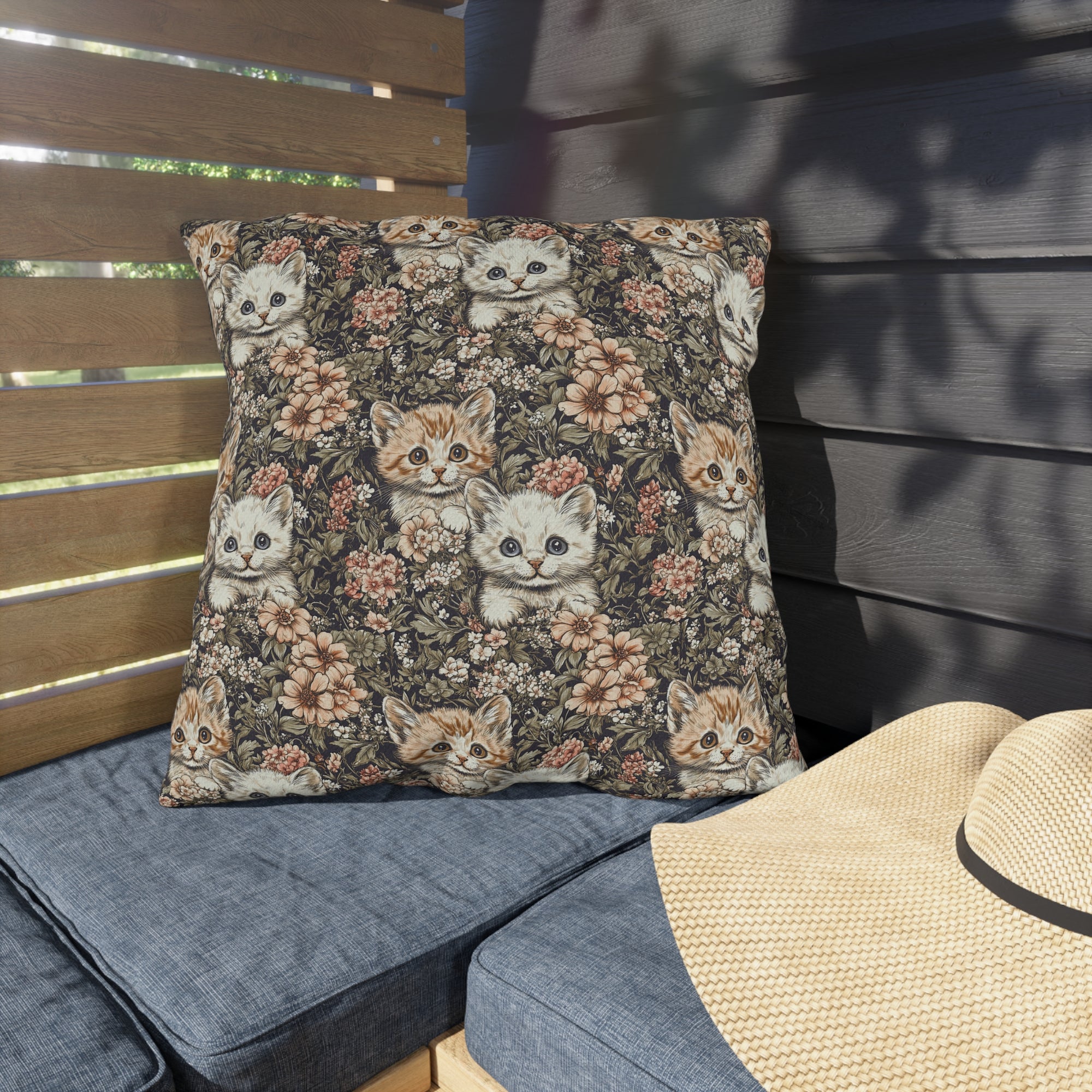 Outdoor Pillow - Peach and White Kittens in Dark Floral Garden, Vintage Style, Sweet and Charming Scene