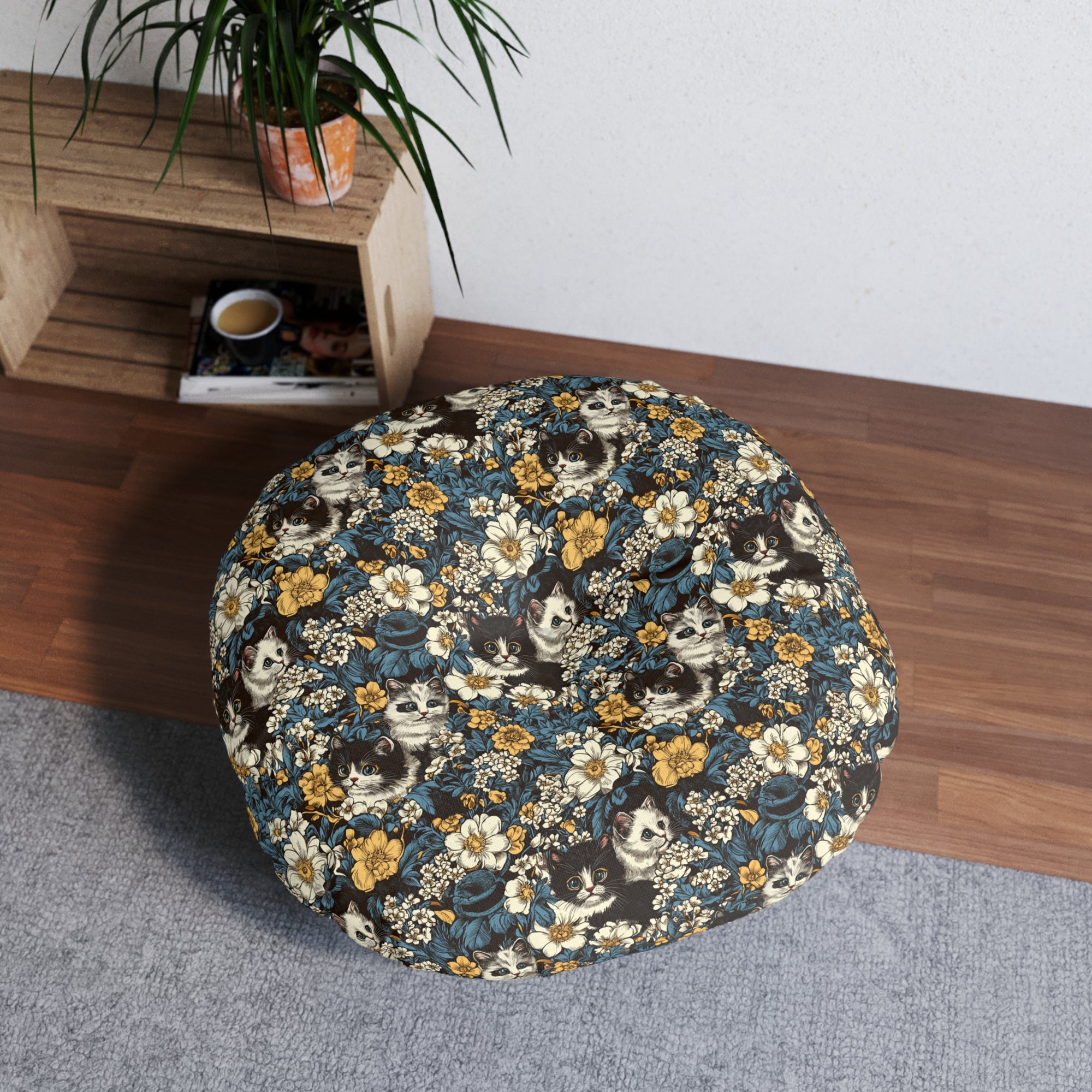 Indoor Round Floor Pillow - Black and White Kittens with Yellow and White Flowers, Dark Blue Leaves, Vintage Charm
