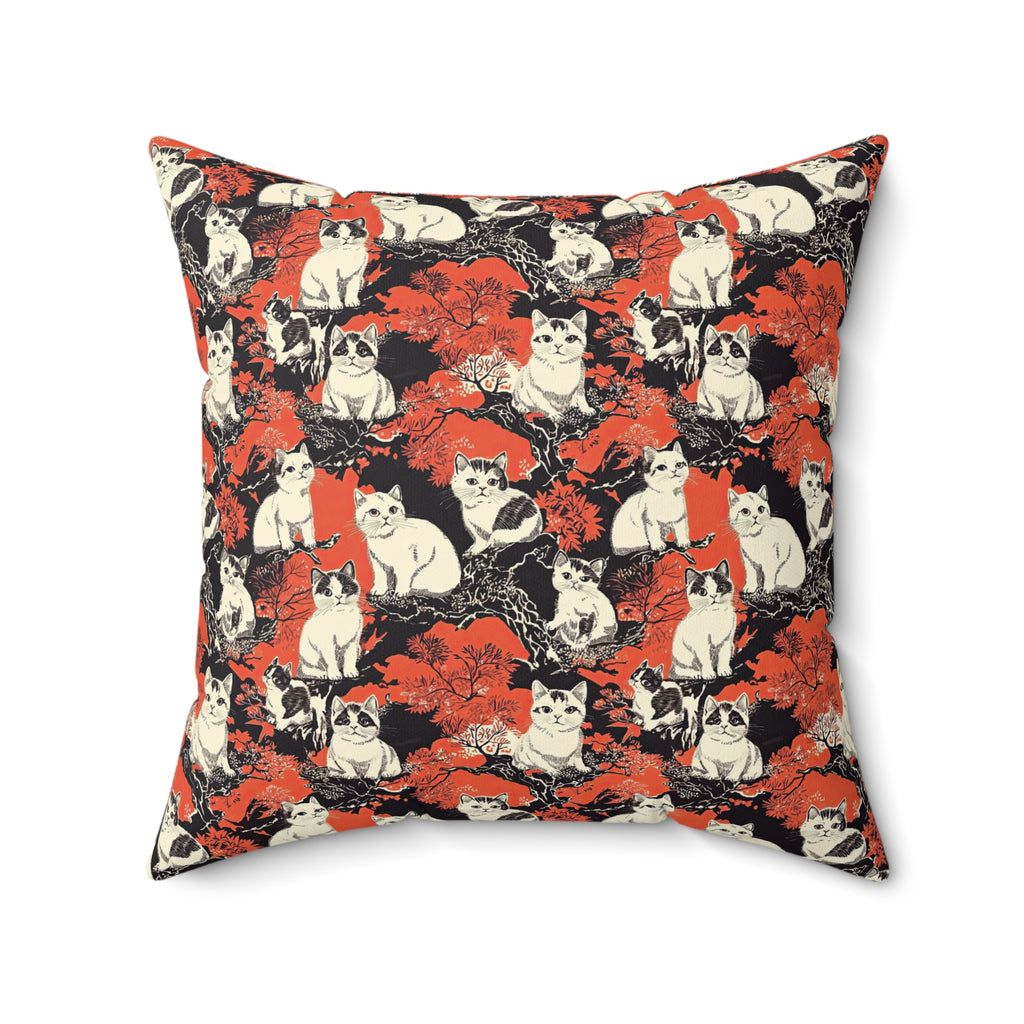 Indoor Square Pillow - A striking black-and-white illustration with red accents of charming cats perched on the branches of trees in a beautiful Japanese woodblock print style.