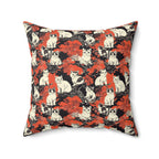 Indoor Square Pillow - A striking black-and-white illustration with red accents of charming cats perched on the branches of trees in a beautiful Japanese woodblock print style.