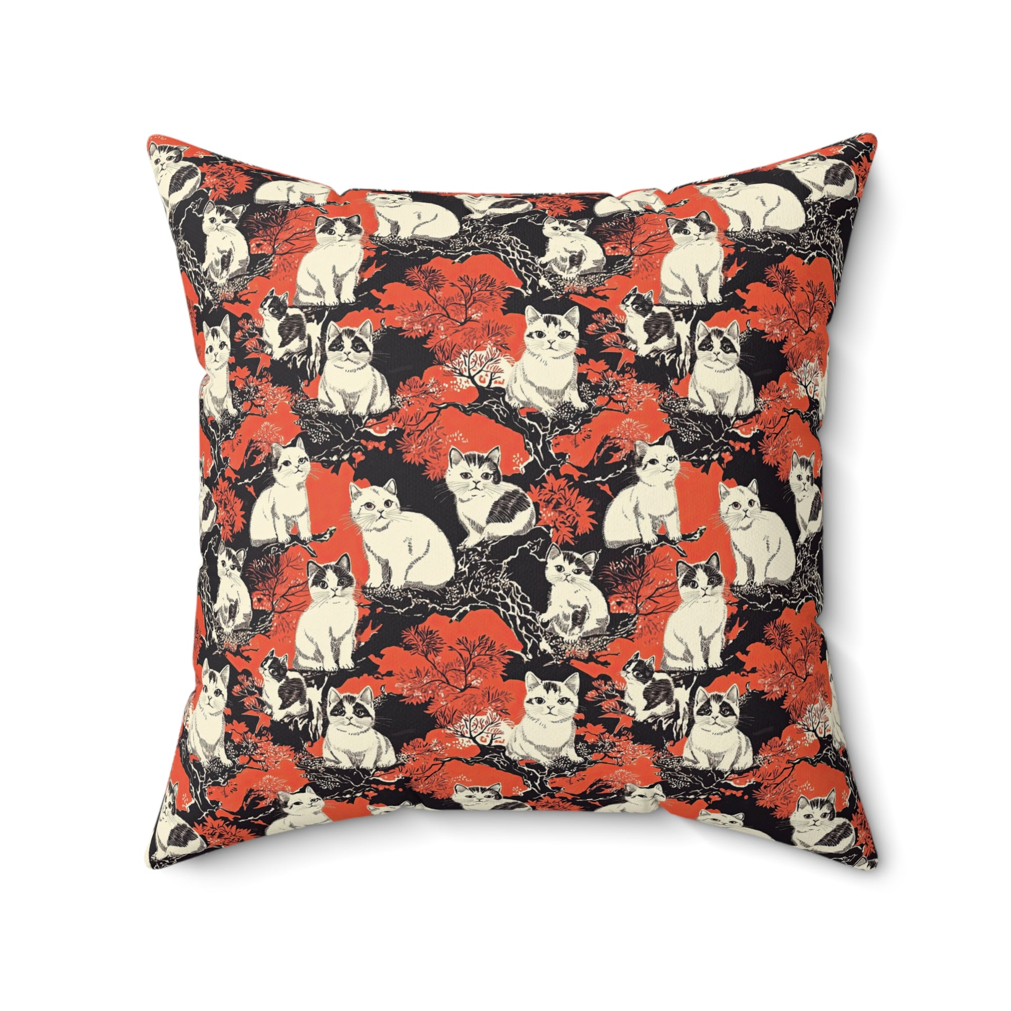 Indoor Square Pillow - A striking black-and-white illustration with red accents of charming cats perched on the branches of trees in a beautiful Japanese woodblock print style.