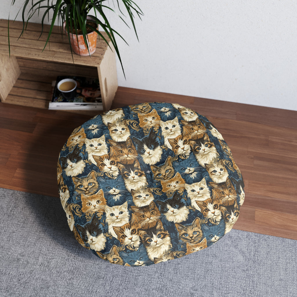 Indoor Round Floor Pillow - Blue Eyed Cats with Brown and White Fur on a Deep Blue Damask Background