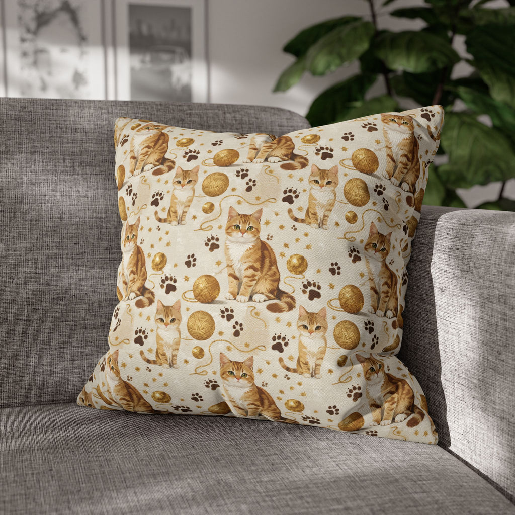 Square Pillowcase - Adorable ginger cat with bright green eyes, sparkling gold yarn and paw prints, classic tabby cat illustration, cream background, cute and charming pet themed art