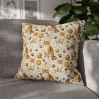 Square Pillowcase - Adorable ginger cat with bright green eyes, sparkling gold yarn and paw prints, classic tabby cat illustration, cream background, cute and charming pet themed art