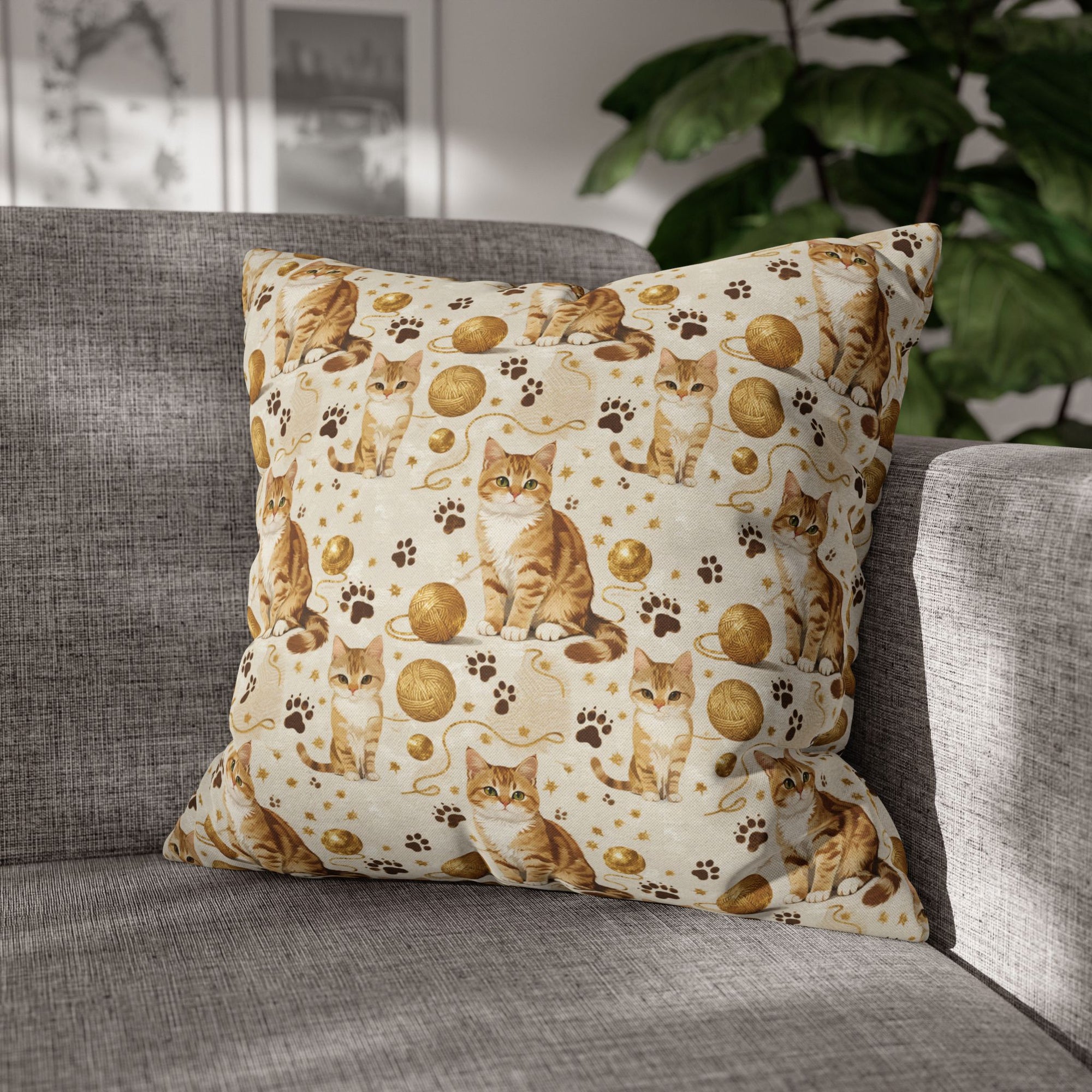 Square Pillowcase - Adorable ginger cat with bright green eyes, sparkling gold yarn and paw prints, classic tabby cat illustration, cream background, cute and charming pet themed art