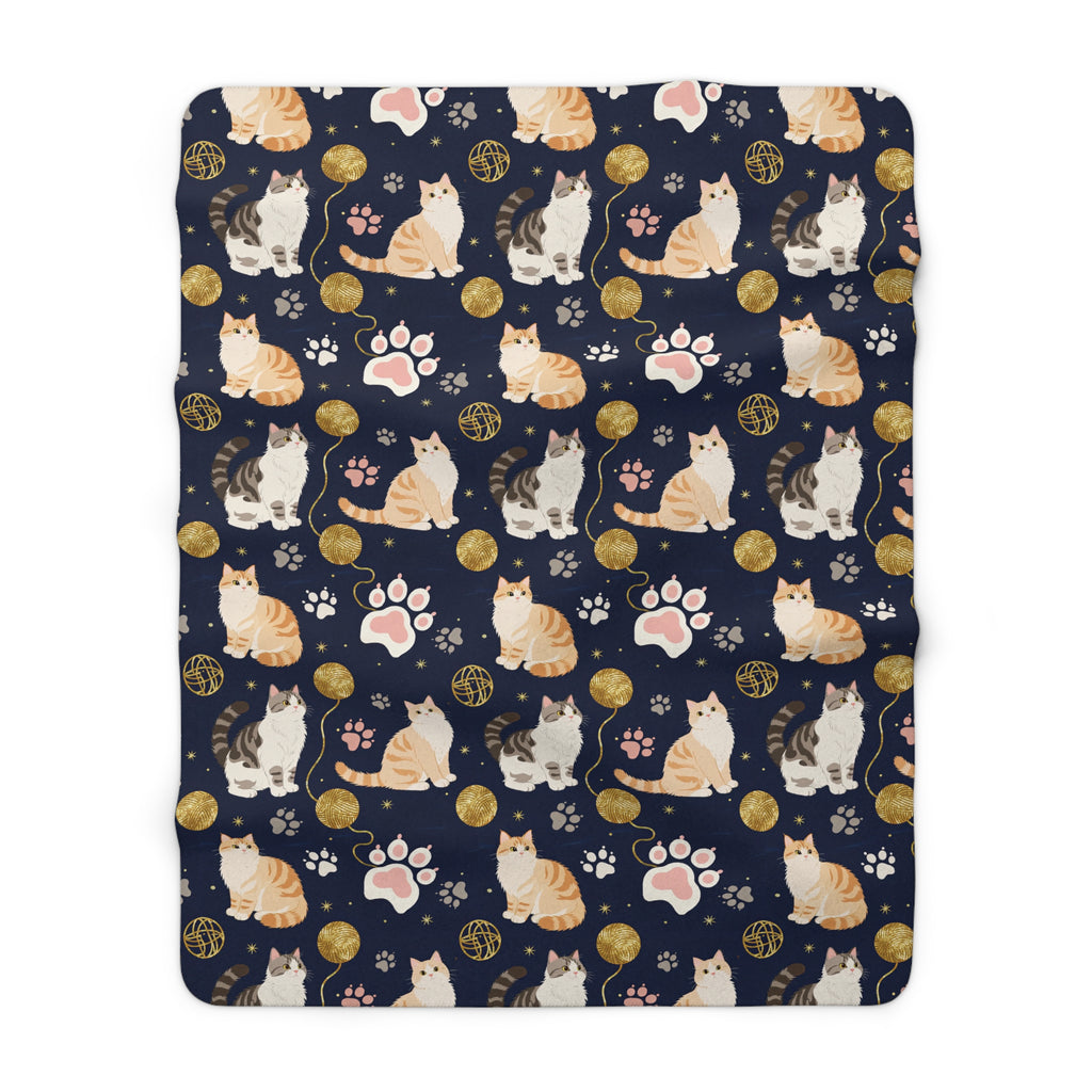 Sherpa Blanket - Charming cats and golden yarn playful design, cute kittens with paw prints, whimsical animal art for cat lovers, dark blue background, delightful pet themed illustration