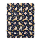 Sherpa Blanket - Charming cats and golden yarn playful design, cute kittens with paw prints, whimsical animal art for cat lovers, dark blue background, delightful pet themed illustration