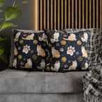 Square Pillowcase - Charming cats and golden yarn playful design, cute kittens with paw prints, whimsical animal art for cat lovers, dark blue background, delightful pet themed illustration