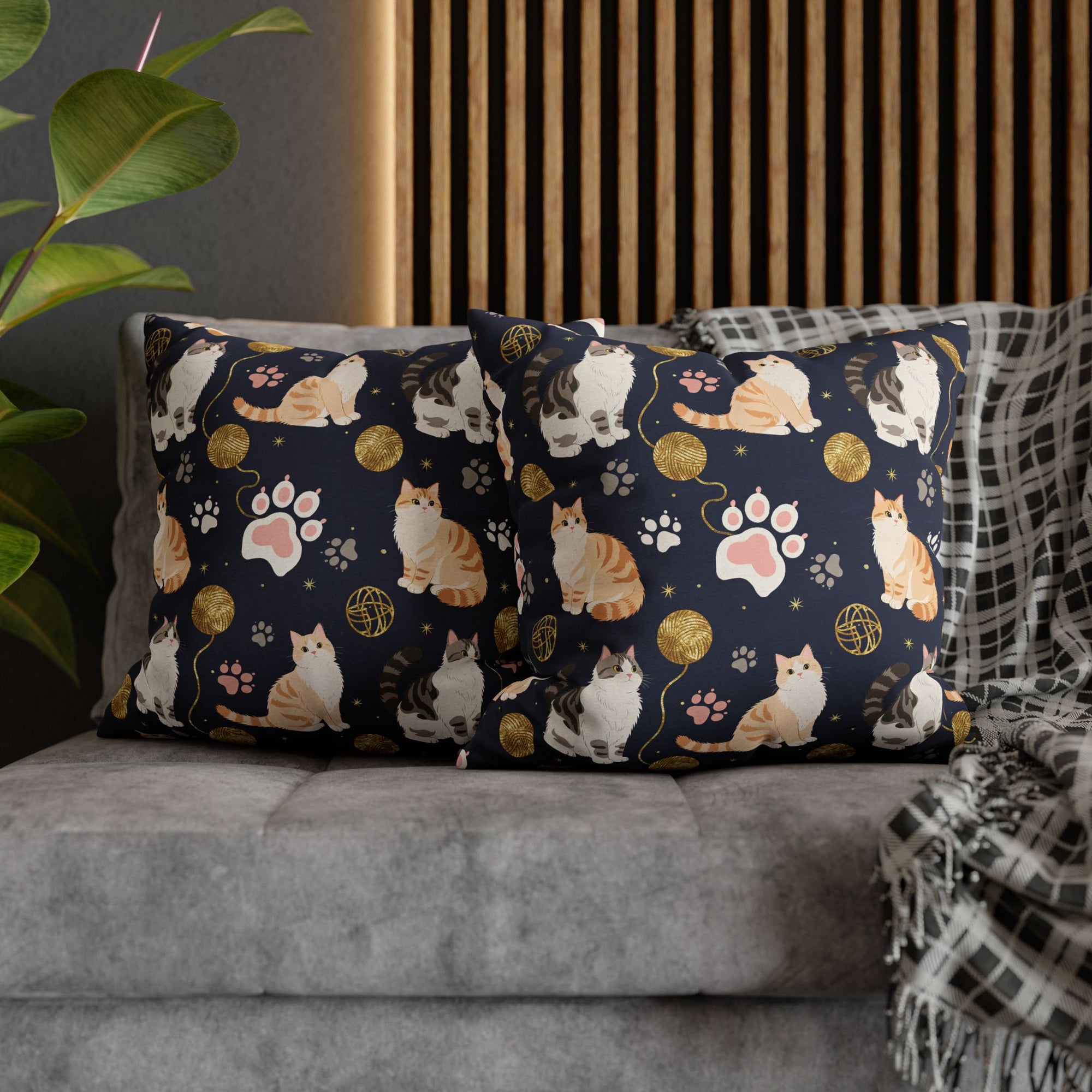 Square Pillowcase - Charming cats and golden yarn playful design, cute kittens with paw prints, whimsical animal art for cat lovers, dark blue background, delightful pet themed illustration
